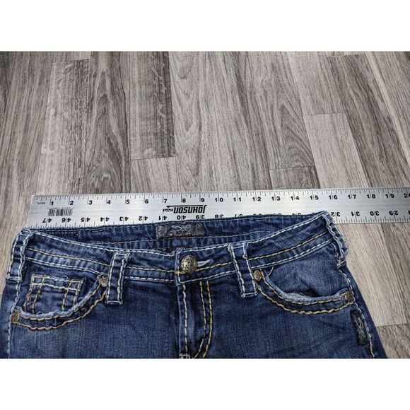 Silver Womens Size 30 Embroidered Aiko Bootcut Raw Hem Denim Blue Jeans Capris - Picture 8 of 12